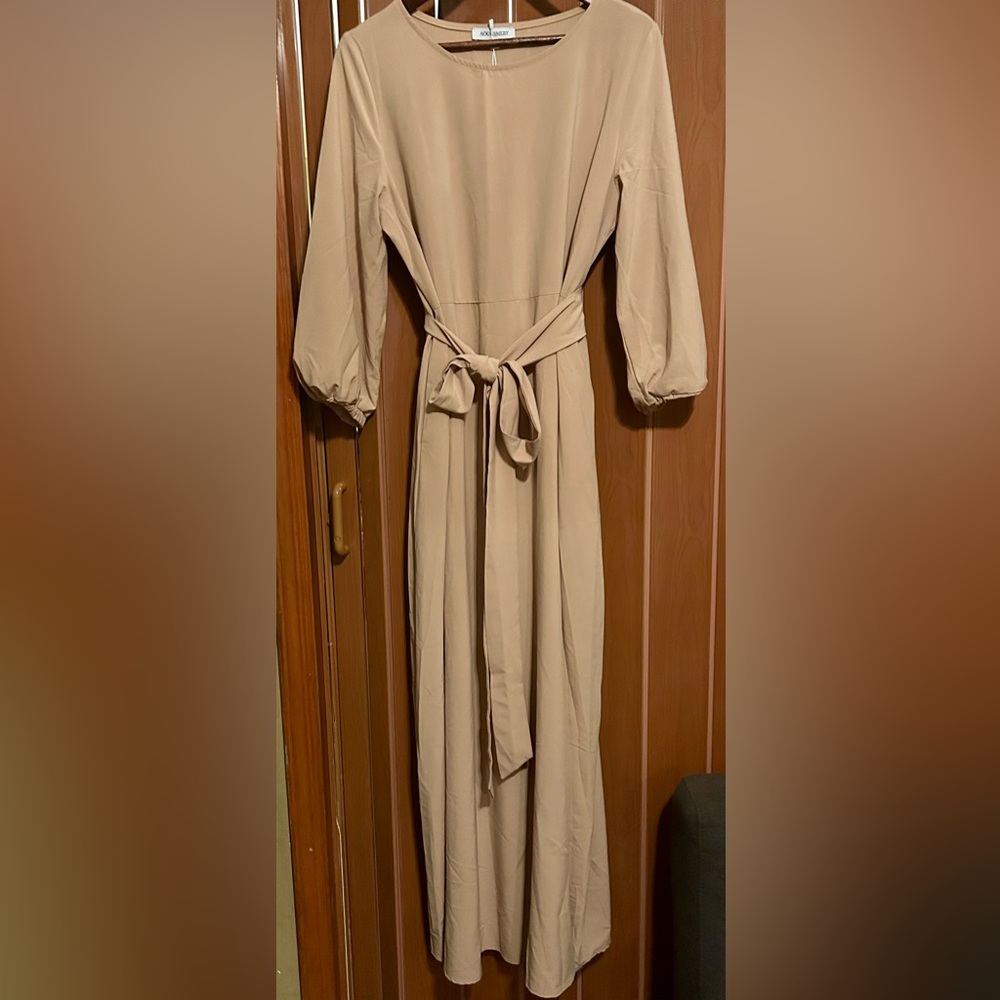Aooksmery Long Sleeve Pockets A-Line Maxi Belted Dress-Tan SZ XL ANT OCCASION